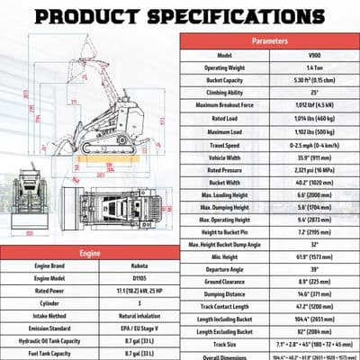 Brand New TYPHON STOMP V900 1.4 Ton Mini Track Loader Dual Auxiliary Hydraulics & Kubota D1105 (Red Edition) thumbnail 3