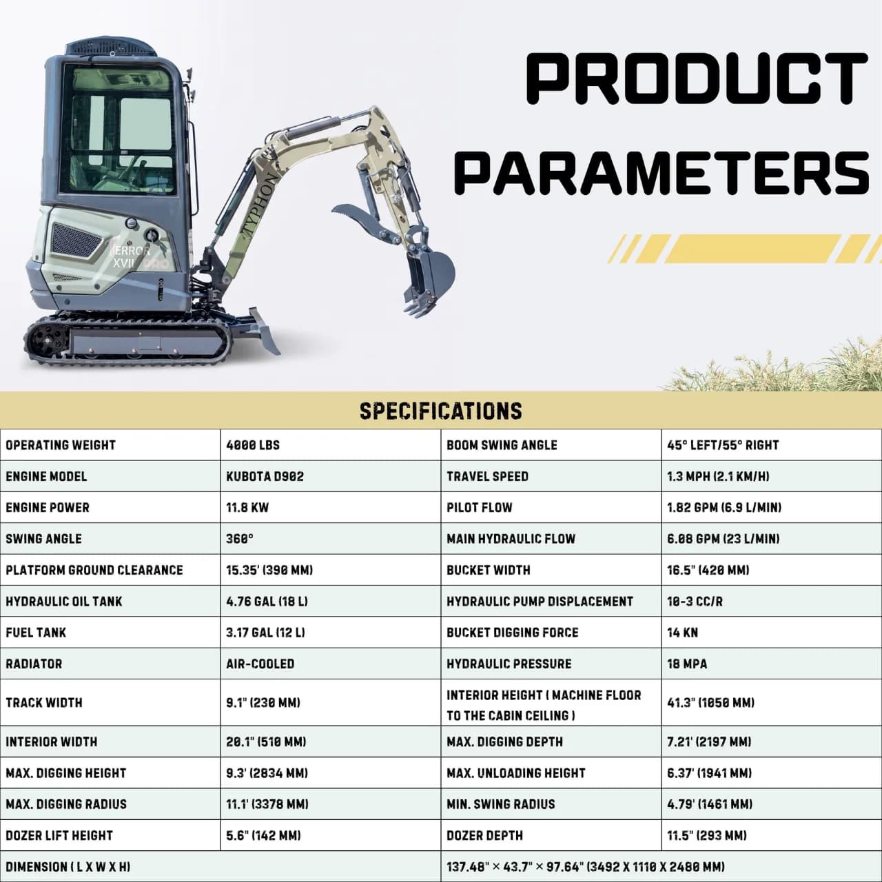 TYPHON TERROR XVII PRO Prestige 4,000 lb Mini Excavator – Kubota D902, Boom Swing & AC/Heat thumbnail 2