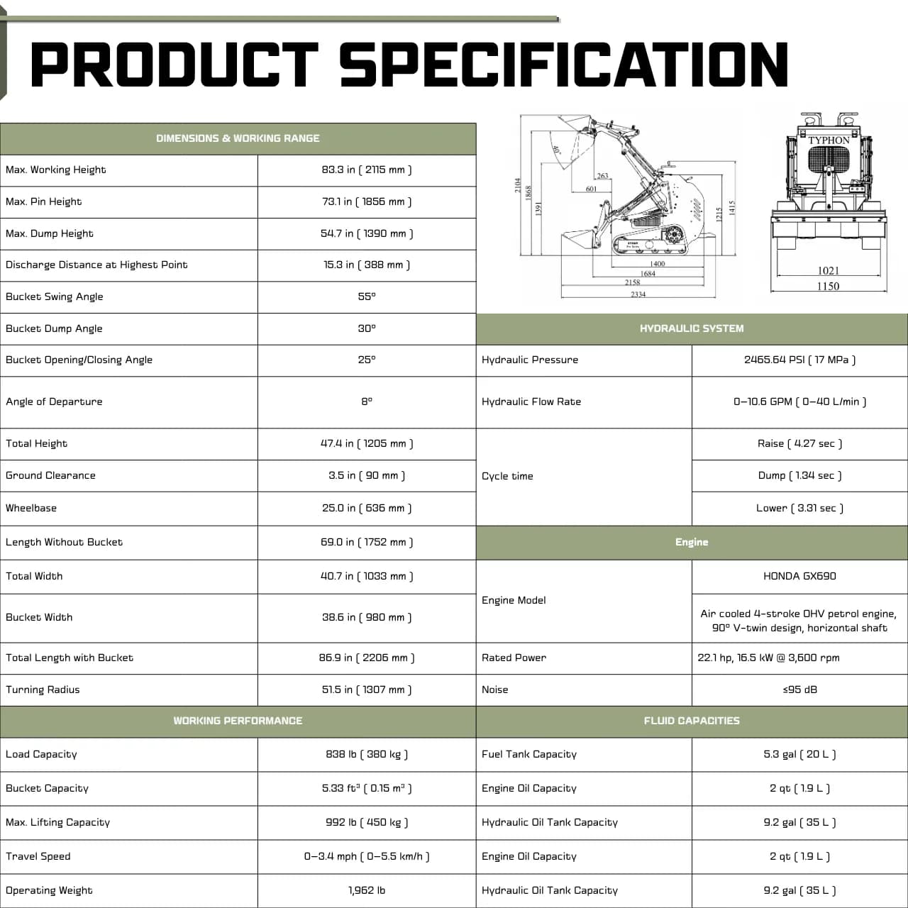 TYPHON STOMP 502 PRO Mini Tracked Skid Steer – 22.1 HP Honda GX690 & 10.6 GPM Hydraulics thumbnail 2