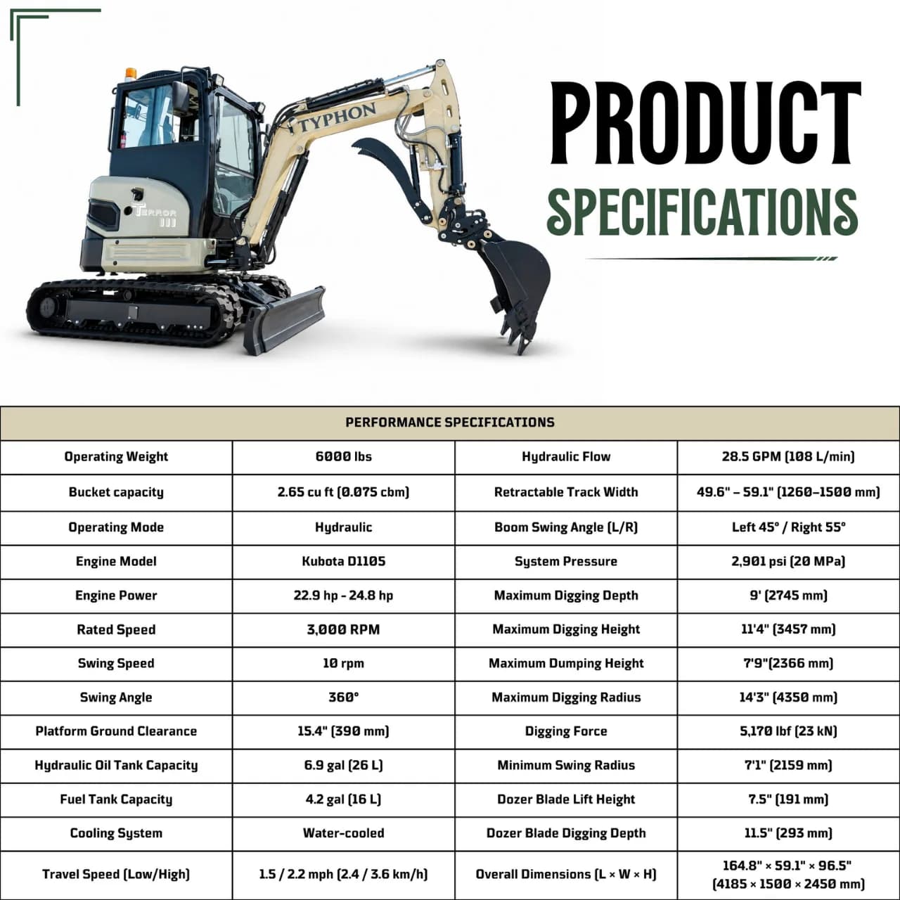 TYPHON TERROR III PROPACT 6,000 lb Mini Excavator – Kubota D1105, Retractable Tracks & AC/Heat Cab thumbnail 3