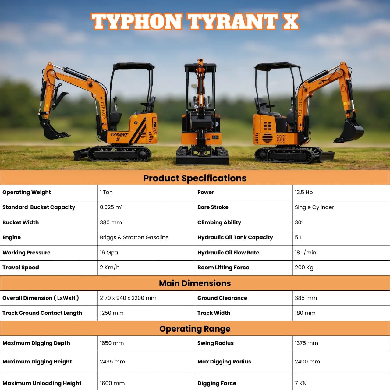 Typhon Tyrant X 1 Ton Mini Excavator with 13.5HP Briggs & Stratton Engine, Hydraulic Oil Cooler & Thumb Clip thumbnail 2
