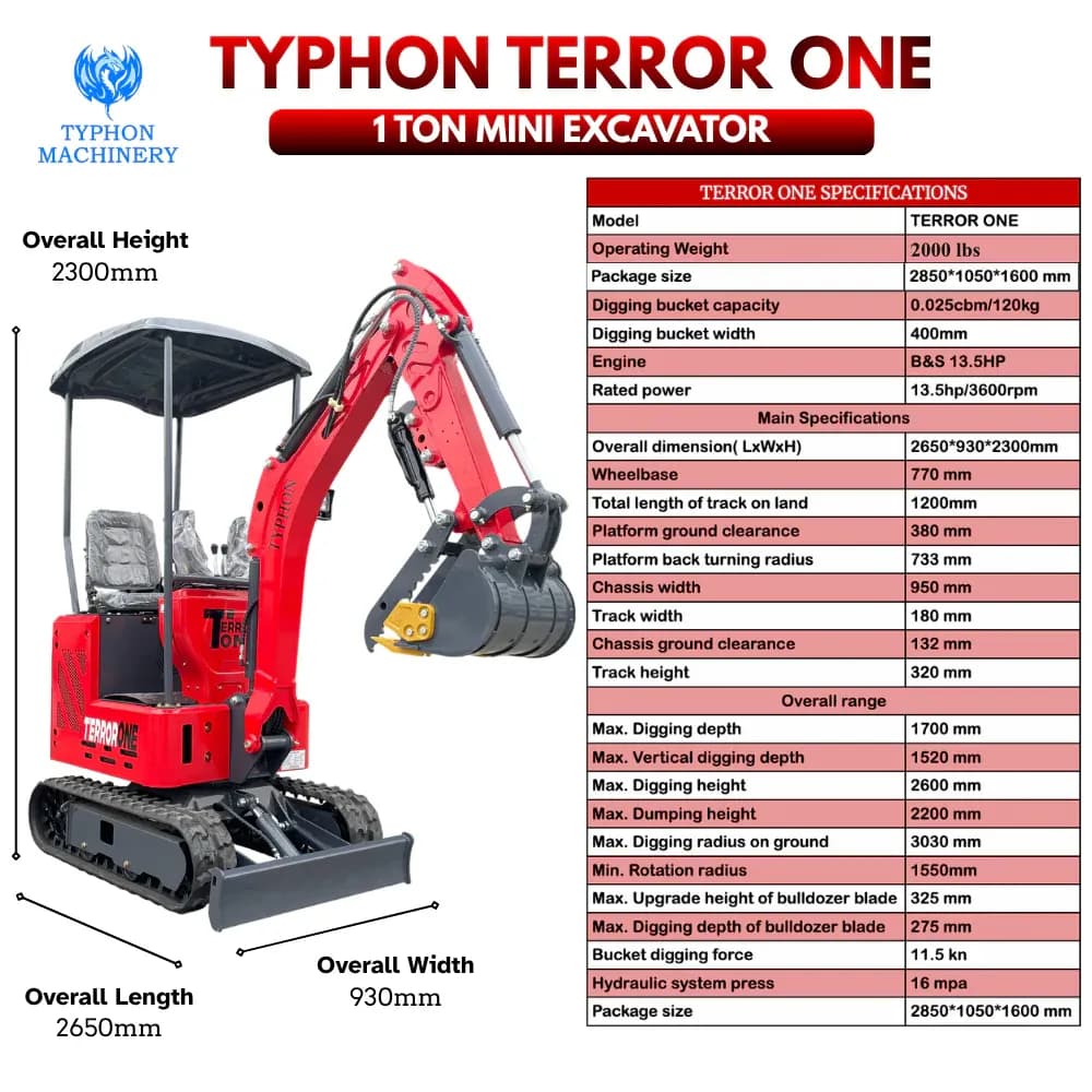 TYPHON TERROR ONE STORM 1 Ton Mini Excavator Trench Digger with Hydraulic Oil Cooler Canopy & Wide Bucket Ideal for Garden, Farm, Park & Road Work Digging, Drilling, Bull-Dozing thumbnail 2