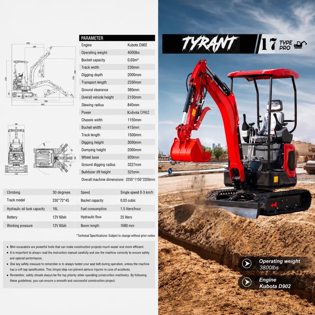 3800lbs TYRANT 17 Diesel Mini Excavator Kubota D902 Engine Side Swing w 12 attachments thumbnail 2
