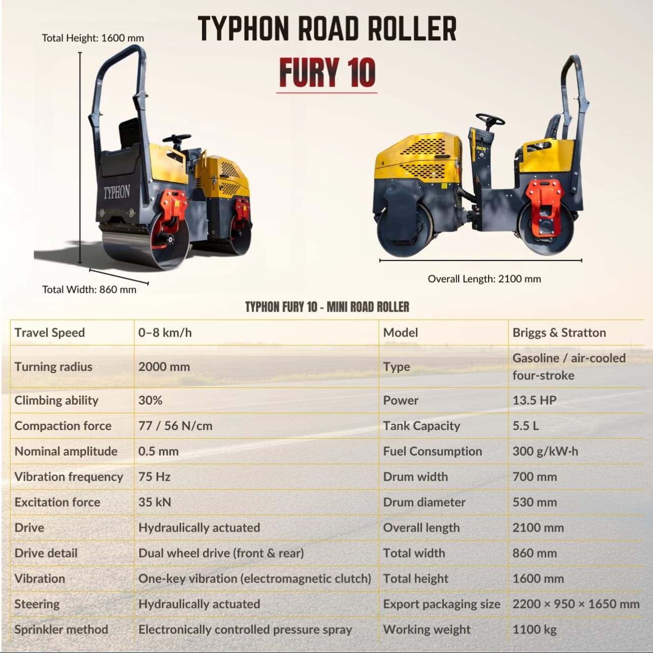 TYPHON Fury 10 Mini Road Roller 1Ton Hydraulic oil B&S 13.5hp gas USA air-cooled thumbnail 2